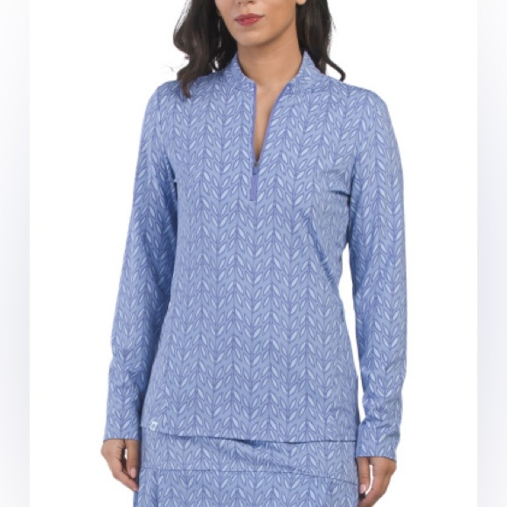 Sigrid Olsen UPF 50 Quarter Zip Golf Tennis Pullover Blue Print Long Sleeve Top